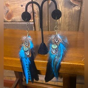 Real Feather Earrings with Turquoise Blue and Black Accents Long length